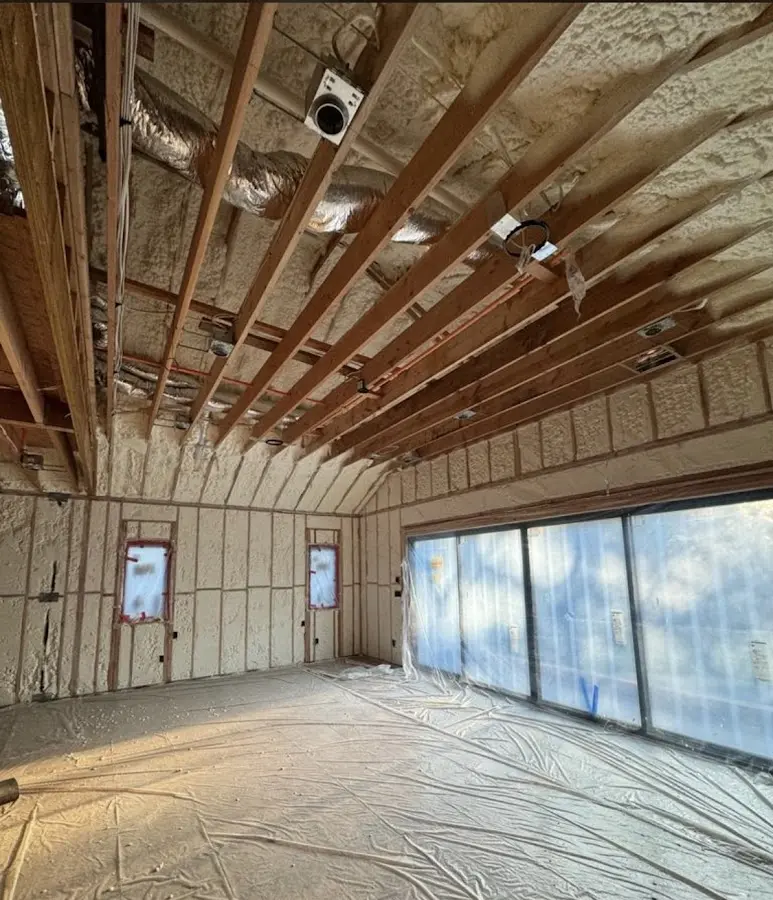 Interior walls and ceiling insulated with spray foam during new construction in Lower Makefield